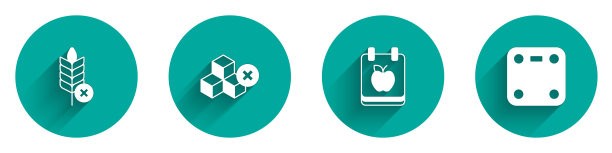 设置无麸质谷物，无糖，饮食计划和浴室刻度图标长阴影。向量图片下载