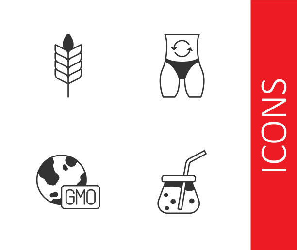 设置新鲜奶昔，小麦，转基因生物和新陈代谢图标。向量图片下载