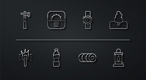 集线锤，火炬火焰，树，毯子卷，瓶装水，日出，露营灯和手表图标。向量图片下载