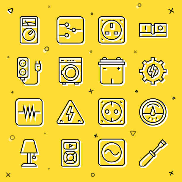 设置线螺丝刀，电表，齿轮和闪电，电源插座，垫圈，扩展，安培万用表和汽车电池图标。向量图片下载