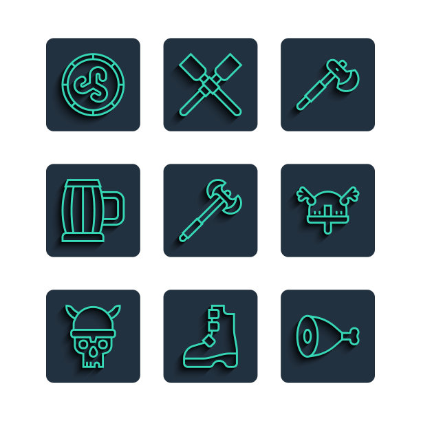 集线头骨与维京头盔，古代靴子，鸡腿，木斧，中世纪的长柄斧，啤酒杯，盾牌和海盗角的图标。向量图片下载