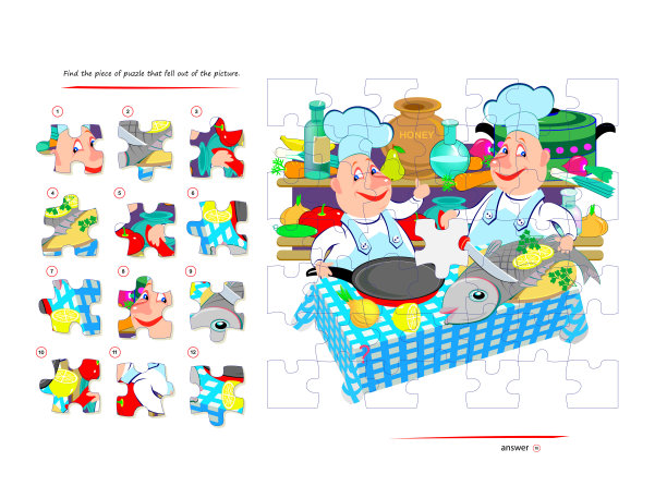 适合儿童和成人的逻辑游戏。找到从图片上掉下来的拼图。可打印页的儿童脑筋急转弯书。发展空间思维。玩在线。矢量插图。图片下载