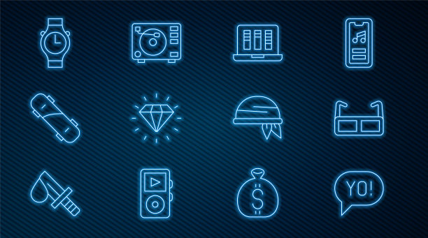 设置线哟俚语字母，眼镜，声音或录音机，钻石，滑板，腕表，手帕和黑胶唱片图标黑胶播放器。向量图片下载