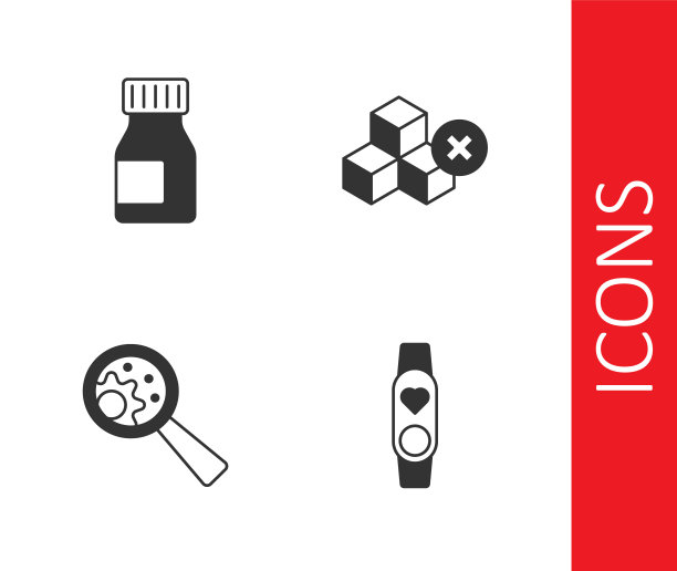 设置智能手表，心脏，维生素，转基因和无糖图标。向量图片下载