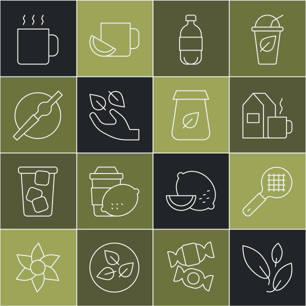 设置线茶叶，过滤器与手柄，杯茶牛奶，瓶装水，香烟，和包装图标。向量图片下载