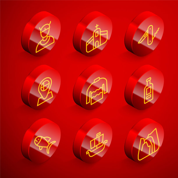 集线维京头，教堂建筑，瑞士军刀，地点国旗冰岛，毛衣，伏特加酒，鱼和船德雷克卡图标。向量图片下载