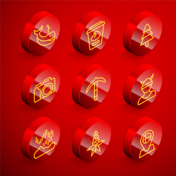 集线鲸鱼，酸奶容器，树，照片相机，鹤嘴锄，维京人头，北极光和羽扇豆花图标。向量图片下载