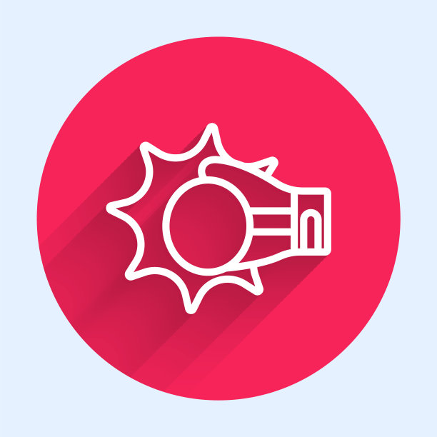 白线打孔在拳击手套图标孤立的长阴影背景。拳击手套与炸药撞击在一起。红色圆圈按钮。向量图片下载