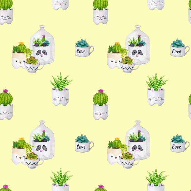 无缝图案与仙人掌和多肉植物在陶瓷罐上的黄色背景。用于包装、包装、文具、织物、纺织品的水彩植物装饰。喜庆、生日的设计。图片下载