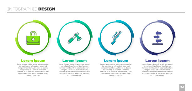 设置急救箱，木斧，狙击步枪和道路交通标志。业务信息图表模板。向量图片下载
