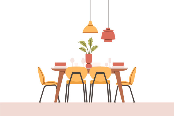 厨房里的餐桌，有椅子、盘子和酒杯。平面卡通风格矢量插图。矢量图图片下载