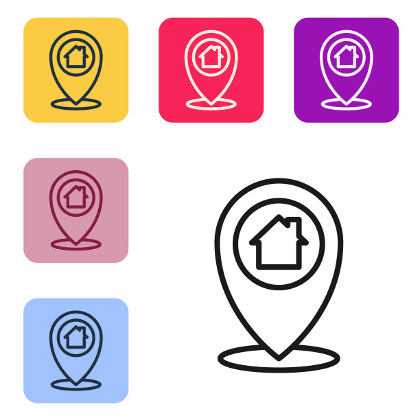 黑线地图指针与房子图标隔离在白色背景。主位置标记符号。设置图标为彩色方形按钮。向量图片下载