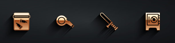 设置证据袋子弹，哨子，警察橡皮棒和安全图标长阴影。向量图片下载