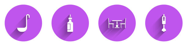 集厨房勺子，一瓶橄榄油，木桌与椅子和搅拌机图标与长阴影。向量图片下载