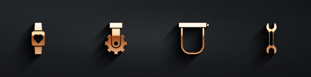 设置智能手表，变速器自行车后方，自行车锁和扳手图标长阴影。向量图片下载