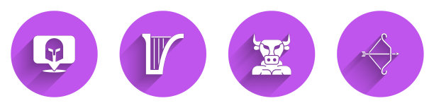 设置希腊头盔，竖琴，牛头怪和中世纪的弓箭图标与长阴影。向量图片下载