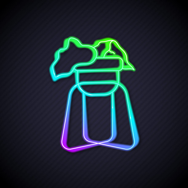 发光的霓虹线盆栽盆栽植物在展台图标孤立的黑色背景。盆栽植物。盆栽植物标志。向量图片下载