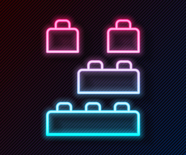 发光的霓虹灯线玩具积木为儿童图标孤立的黑色背景。向量图片下载