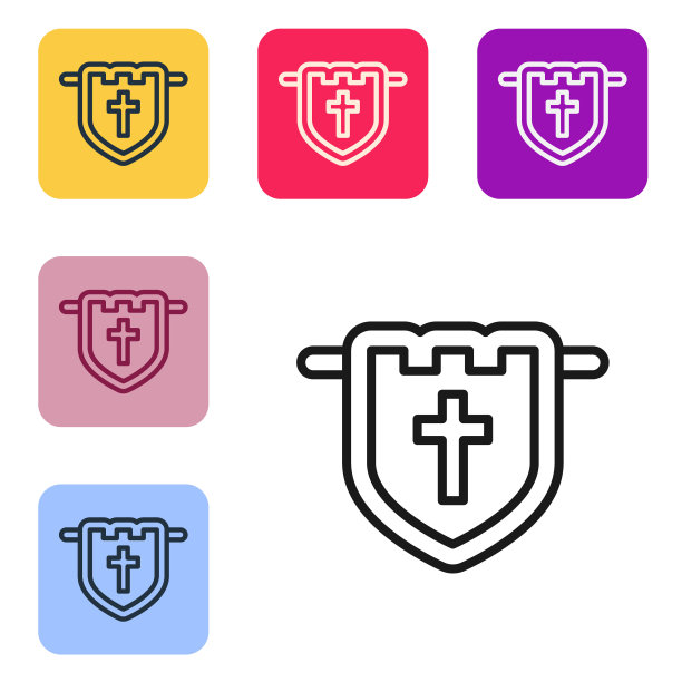 黑线旗与基督教十字图标隔离在白色背景。设置图标为彩色方形按钮。向量图片下载