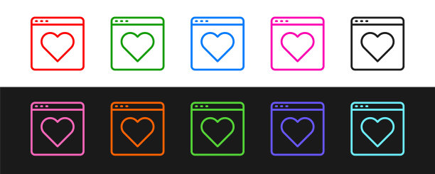 设置线约会应用程序在线笔记本电脑的概念图标孤立的黑白背景。女性男性轮廓扁平设计。夫妻关系的匹配。向量图片下载