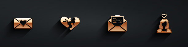 集信封与情人节的心，破碎或离婚，贺卡和夫妇的爱情图标与长阴影。向量图片下载