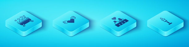 在浴室设置等距浪漫，心与翅膀，燃烧的蜡烛和情侣爱的图标。向量图片下载