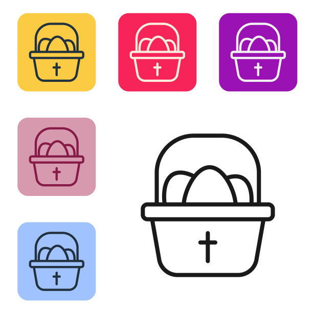 黑线篮子与复活节彩蛋图标隔离在白色背景。复活节快乐。设置图标为彩色方形按钮。向量图片下载