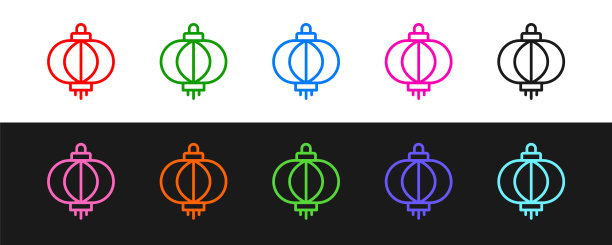 设置线中国纸灯笼图标孤立的黑白背景。向量图片下载