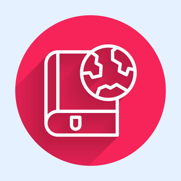 白线地球和书图标隔离与长阴影背景。世界或土象星座。全球互联网标志。几何形状。红色圆圈按钮。向量图片下载