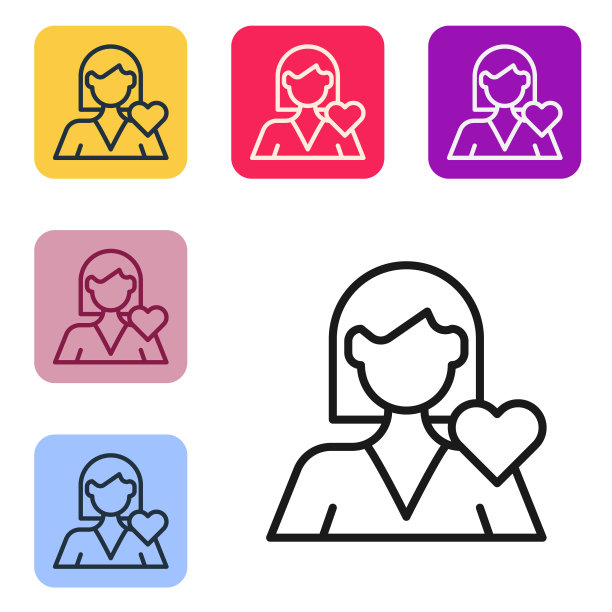 浪漫的女孩图标孤立在白色的背景。情人节快乐。设置图标为彩色方形按钮。向量图片下载