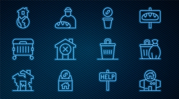 设定线无家可归的纸板房子，垃圾桶，捐款，不，无家可归者的住所，并喂养图标。向量图片下载