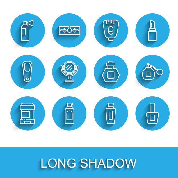 设止汗除臭剂卷，发胶喷雾罐，香水，洗发水瓶，指甲油瓶，圆形化妆镜，和图标。向量图片下载