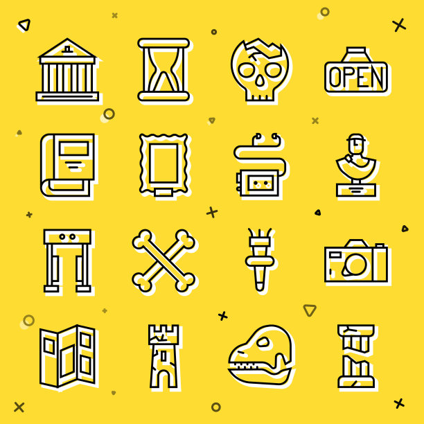 集破碎古柱、摄影相机、古胸像雕塑、人头骨、图片、历史书、博物馆建筑及语音导览图标。向量图片下载