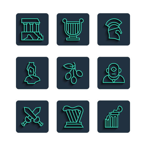 设置线交叉中世纪的剑，竖琴，破碎的古代柱，希腊头盔，橄榄枝，古代胸像雕塑，帕台农神庙和独眼巨人图标。向量图片下载