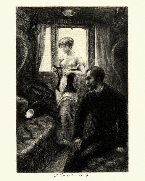 年轻女子在火车车厢里脱衣，法国，19世纪图片下载