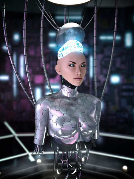 未来的人工智能大脑被放置在机器人的头部。人工智能概念图片下载