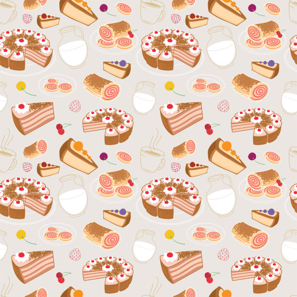 无缝的甜点，糕点和蛋糕象征一个咖啡馆在一个颜色的背景图片下载