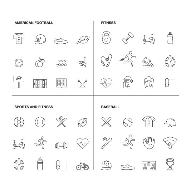 矢量插图的线条图标的健身，体育，美式足球，棒球。大纲符号集合图片下载