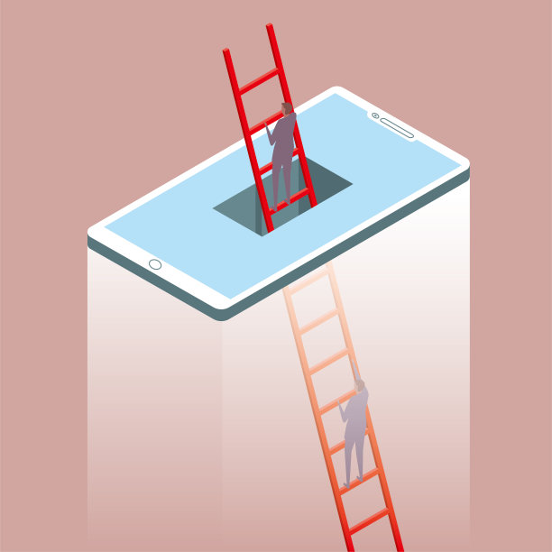 网络沟通理念，两商通过梯子跨越手机。背景是棕色的。图片下载