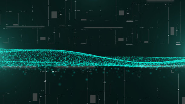绿色动态粒子波数字数据流动技术概念在HUD系统监控演示背景中的应用。图片下载