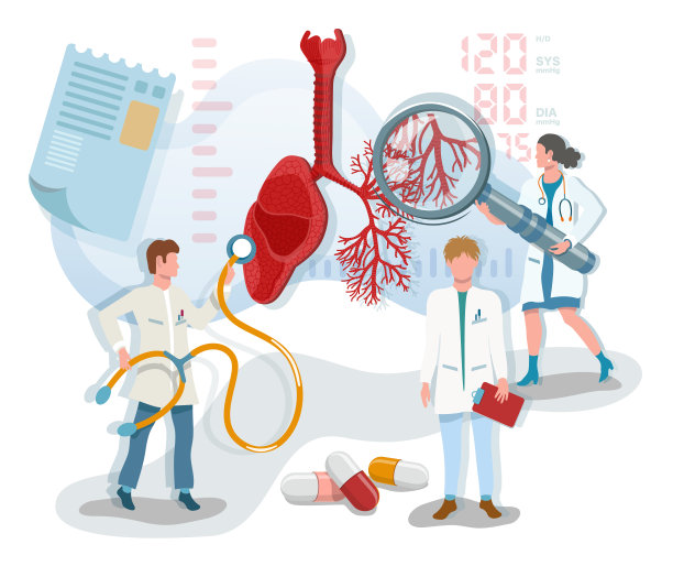 平面矢量图，三名医生检查呼吸系统肺部图片下载