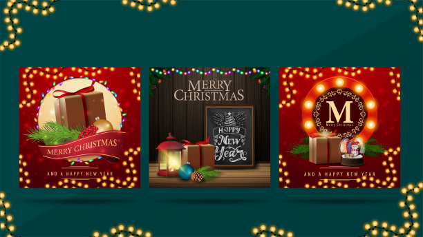 一套圣诞问候广场明信片与圣诞礼物。圣诞贺卡准备印刷图片下载