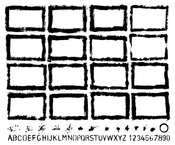 平面设计要点:垃圾纹理，手绘边框，油漆飞溅，画笔笔触，自制的手绘模板字母。高分辨率。jpeg和分组元素矢量文件包括图片下载
