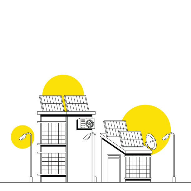 智能城市和使用可再生能源的智能电网，共享和传播电力效率。智慧城市和新型5G网络融合。大胆的黑色和白色插图与明亮的彩色亮点。图片下载