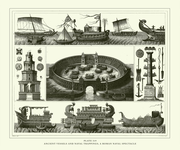 雕刻古董、古代船只及海军装饰品;罗马海军奇观雕刻古董插图，出版于1851年图片下载