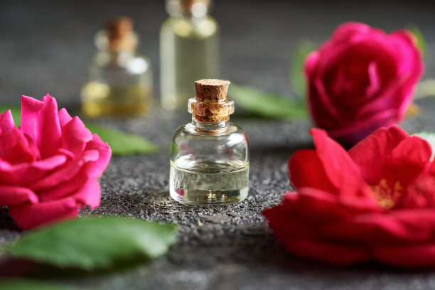 一瓶精油配上刚刚盛开的玫瑰图片下载