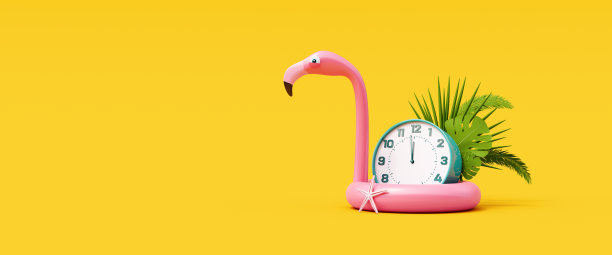 最后一分钟的夏季旅行概念。充气粉红色火烈鸟与时钟3D渲染图片下载