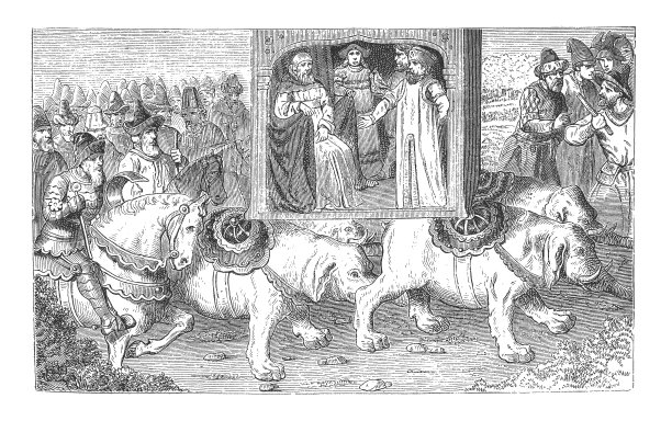 忽必烈在打猎，四头大象抬着一顶轿子图片下载