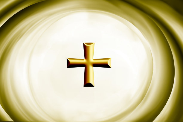 一个富有想象力的背景图像，一个金色的十字架在宇宙的边缘闪耀着和平的光环。图片下载