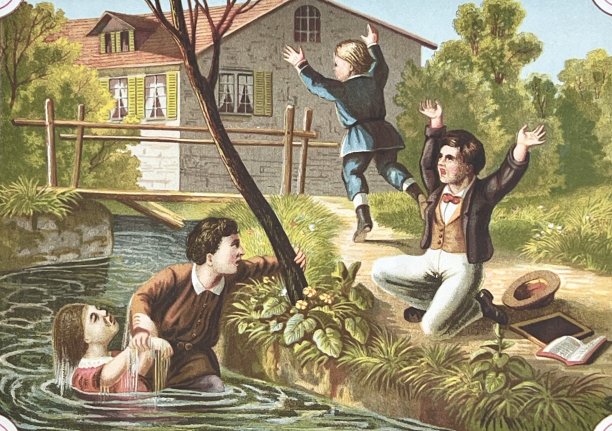 男孩们把一个女孩从小溪里拉出来图片下载